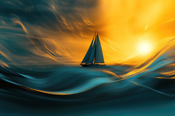 Abstract Background Representing the Bahamas with Aquamarine, Gold, and Black Wave Textures and Sun Silhouettes