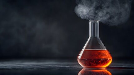 Bromine in a Flask: A laboratory flask filled with reddish-brown bromine liquid, with vapor rising and detailed reflections on the glass surface. 
