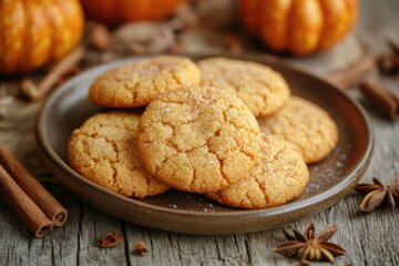 A plate of freshly baked pumpkin spice cookies on a wooden table, sprinkled with cinnamon.