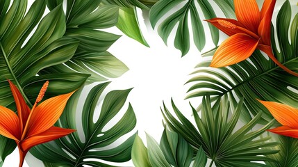 Vibrant tropical leaves and flowers create a stunning frame, perfect for summer themes and nature-inspired designs.