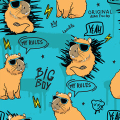 Boys seamless pattern with  capybara in glasses. Cartoon capybara for prints on T-shirts, children's clothing, cards and more