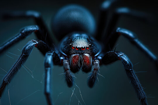 A detailed close-up of a Karakurt spider, showcasing its glossy black body.