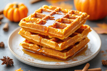 A stack of pumpkin spice waffles on a plate, topped with maple syrup and autumn spices.