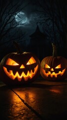 Fototapeta premium Close-up jack-o-lantern with a carved, glowing face dark background. Halloween greeting card