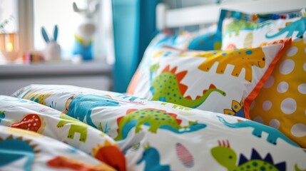 Bed with Colorful Bedding: A twin or full bed featuring vibrant, themed bedding with designs like space, dinosaurs, or princesses, bringing playful charm to the room.
