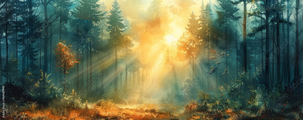 Canvas Prints watercolor abstract forest glade with sunlight streaming through.