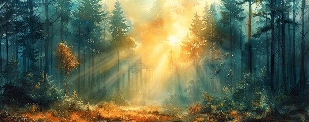 Watercolor abstract forest glade with sunlight streaming through.