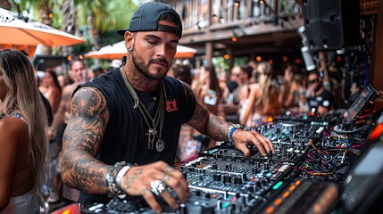 Dj mixing at a party with crowd of people in background,