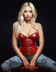 Fototapeta premium studio portrait of a blonde woman with long hair wearing a red leather corset on black background, fashion photography