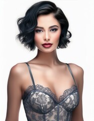 Fototapeta premium studio portrait of a brunette woman with short hair wearing grey lingerie on white background, fashion photography
