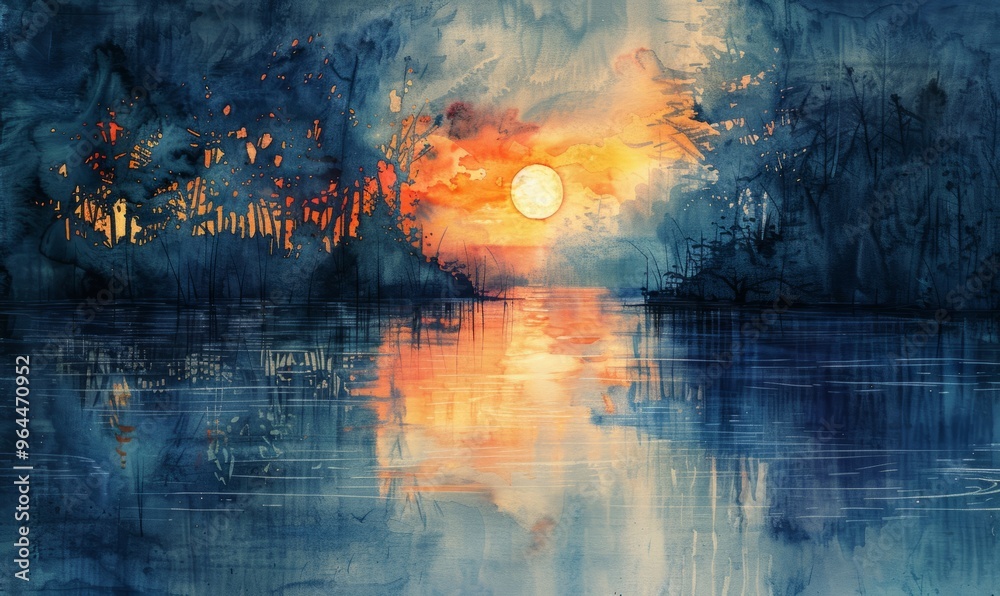 Wall mural A painting of a lake with a sun setting in the background. The sky is dark and the water is calm