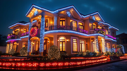 A beautifully decorated house illuminated with colorful lights for a festive occasion.