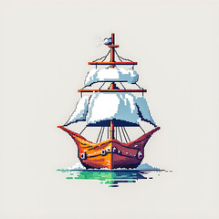 Illustration of Pixel art boat on white background.