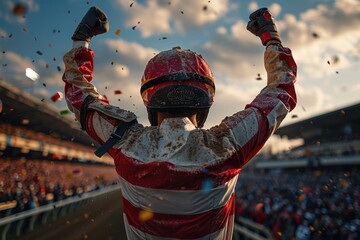 Victory celebration of a jockey at a horse racing event during golden hour in an outdoor stadium filled with cheering fans