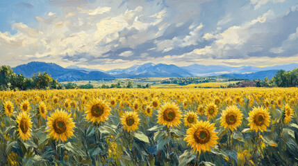 Obraz premium field of yellow sunflowers, autumn landscape, seasonal background, harvest, agriculture, flowers, fall, plants, nature, september, october, horizontal illustration, seeds, bloom, petals, growth