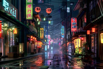 Dark street in cyberpunk city, gloomy alley with neon lighting