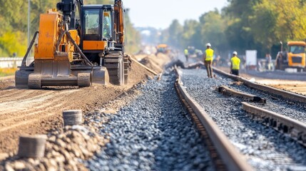 Construction crew operating heavy machinery to shape gravel along a roadway, preparing for next phases of road improvement, with precise alignment of materials on-site
