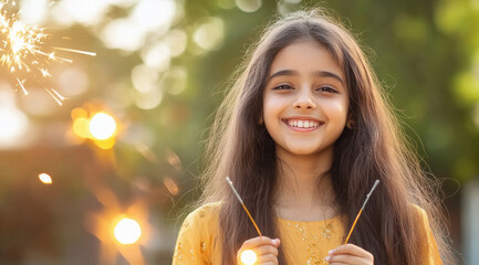 happy indian girl holding sparkling crackers