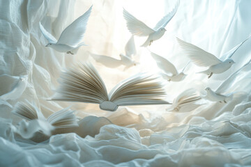 Open books floating in the air, creating the effect of flying birds.