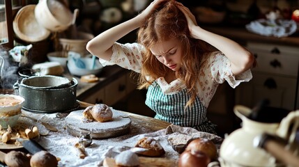 Clueless clumsy housewife attempting to make a dessert in her kitchen at home, portraying frustration, confusion, and mishaps while trying to follow a recipe for a sweet treat