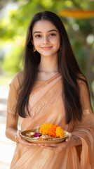 young indian girl holding pooja thali