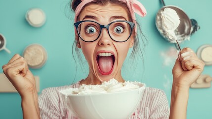 Clueless clumsy housewife attempting to make a dessert in her kitchen at home, portraying frustration, confusion, and mishaps while trying to follow a recipe for a sweet treat