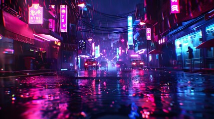 Dark street in cyberpunk city, gloomy alley with neon lighting