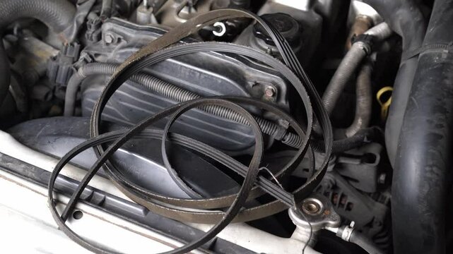 Expired car Automotive belt on car engine, close-up. Auto service and repair.Old Automotive belt is broken
