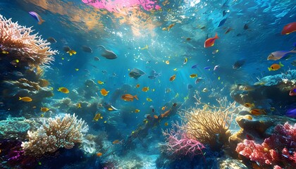 Naklejka premium A captivating underwater scene with colorful coral reefs exotic fish
