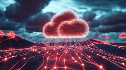 Abstract cloud computing concept visualized with connected glowing points over a meadow landscape, symbolizing modern technology, financial systems, data transfer, digital innovation in a 3D render