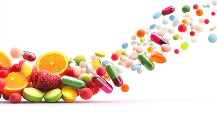Colorful capsules and sliced fruits fly through the air on a white background.