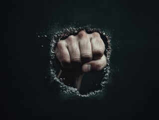 Obraz premium Powerful Fist Breaking Through Wall in Dark Background Symbolizing Strength and Determination