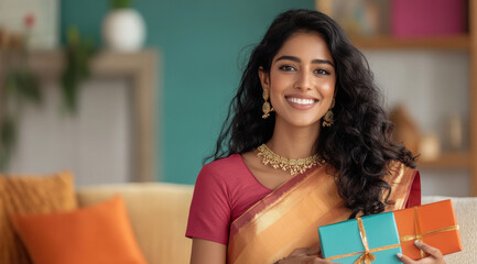 young indian woman holding gift box