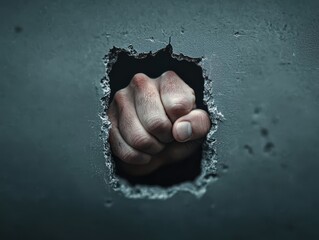 Obraz premium Fist Breaking Through Concrete Wall Symbolizing Strength, Determination, and Resilience