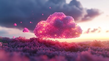 Abstract cloud computing concept visualized with connected glowing points over a meadow landscape, symbolizing modern technology, financial systems, data transfer, digital innovation in a 3D render
