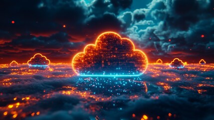 Abstract cloud computing concept visualized with connected glowing points over a meadow landscape, symbolizing modern technology, financial systems, data transfer, digital innovation in a 3D render
