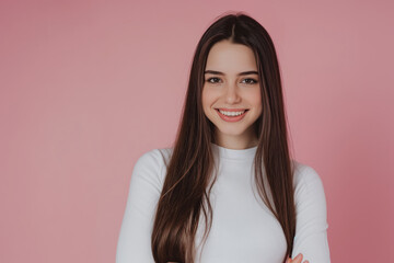Obraz premium Laughing, happy teenage woman with long brown hair is smiling, wearing a white shirt, posing in front of a pink background. Young teen lady with individuality and personality smile for the camera.