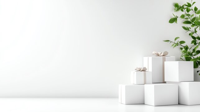 Minimalist white background with stacked presents and green plant. Perfect for product displays or holiday designs.