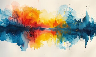 Watercolor abstract twilight reflections on white.