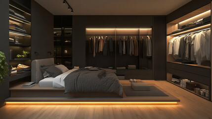 A modern bedroom design with separate areas for relaxing and getting dressed. It's a 3D illustration showing how the room would look in real life.