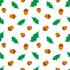 Seamless pattern with oak leaves and acorns. Autumn, fall season wallpaper, background in autumnal, warm, cozy colours. Fabric, paper design.