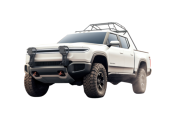 A rugged electric pickup truck parked at a charging station, isolate on white background.
