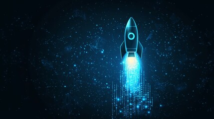 A futuristic rocket launches through a starry cosmos, illuminated by glowing particles and digital waves.