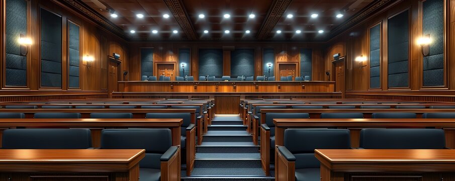 Empty courtroom with wooden benches, a judge's bench, and a high ceiling. The room is lit by ceiling lights.