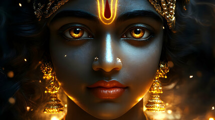 A close-up of a divine figure with intricate jewelry and glowing eyes, exuding serenity.