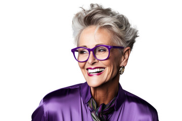 Fototapeta premium Middle-aged woman with playful smile, wearing heart-shaped glasses, isolated on white background.