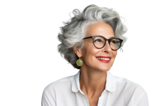 Middle-aged woman with playful smile, wearing heart-shaped glasses, isolated on white background.