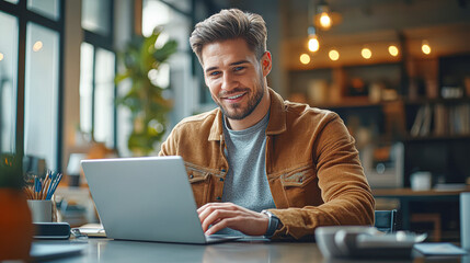 A man is sitting at a desk with a laptop in front of him