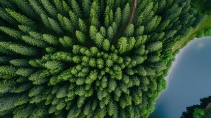 A view of a forest with trees and water in the middle, AI