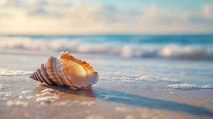 Obraz premium A seashell lies on the beach.